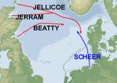 Jutlandia 1 junio 1936. Trayectoria de las flotas. Jellicoe sale de Scapa Flow y Scheer de Wilhemshaven
