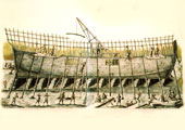 Construcción siglo XVIII, lámina del libro de arquitectura naval de J.J.Navarro (Album de construcción naval).
